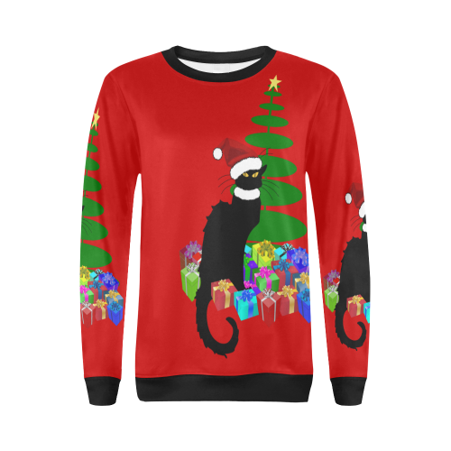 Christmas Le Chat Noir with Santa Hat All Over Print Crewneck Sweatshirt for Women (Model H18)