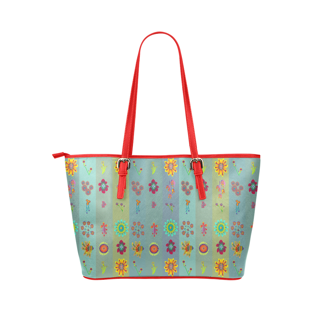 Tropical Flowers on Ocean Stripes 1 Leather Tote Bag/Large (Model 1651)