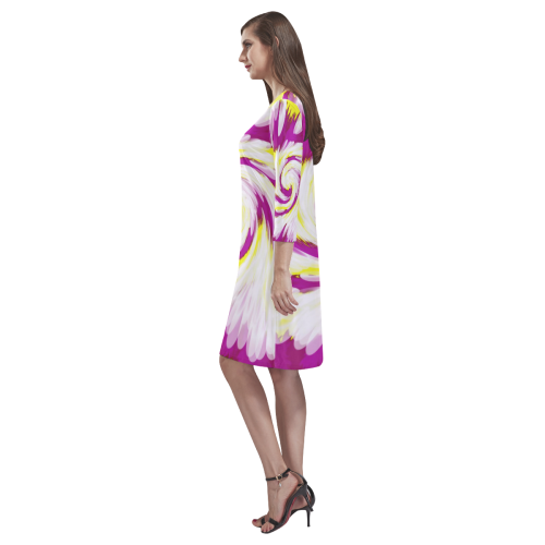 Pink Yellow Tie Dye Swirl Abstract Rhea Loose Round Neck Dress(Model D22)
