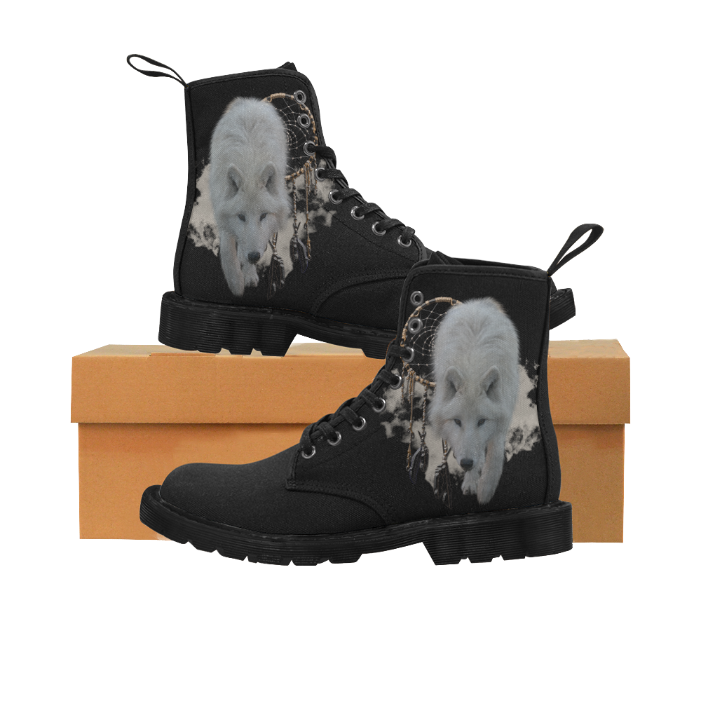 White Shaman Wolf with Dreamcatcher Martin Boots for Women (Black) (Model 1203H)