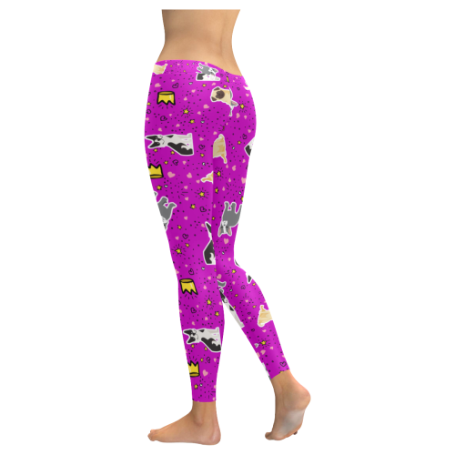 Pugs Frenchies Bostons Fuchsia Women's Low Rise Leggings (Invisible Stitch) (Model L05)