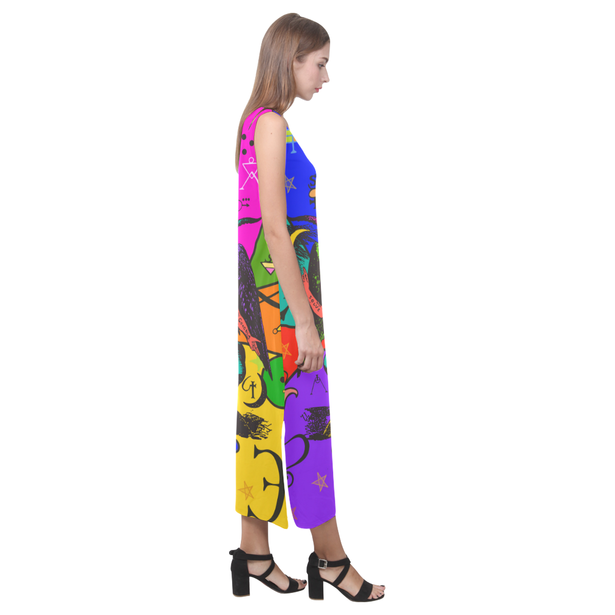 Awesome Baphomet Popart Phaedra Sleeveless Open Fork Long Dress (Model D08)