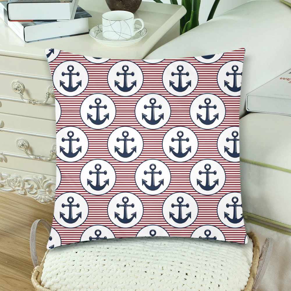 navy and red anchor nautical design Custom Zippered Pillow Cases 18"x 18" (Twin Sides) (Set of 2)