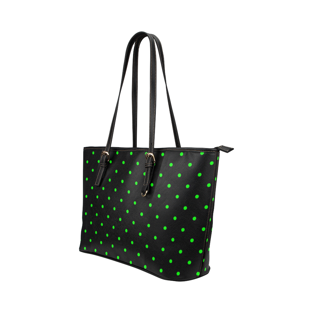 Green Polka Dots on Black Leather Tote Bag/Large (Model 1651)