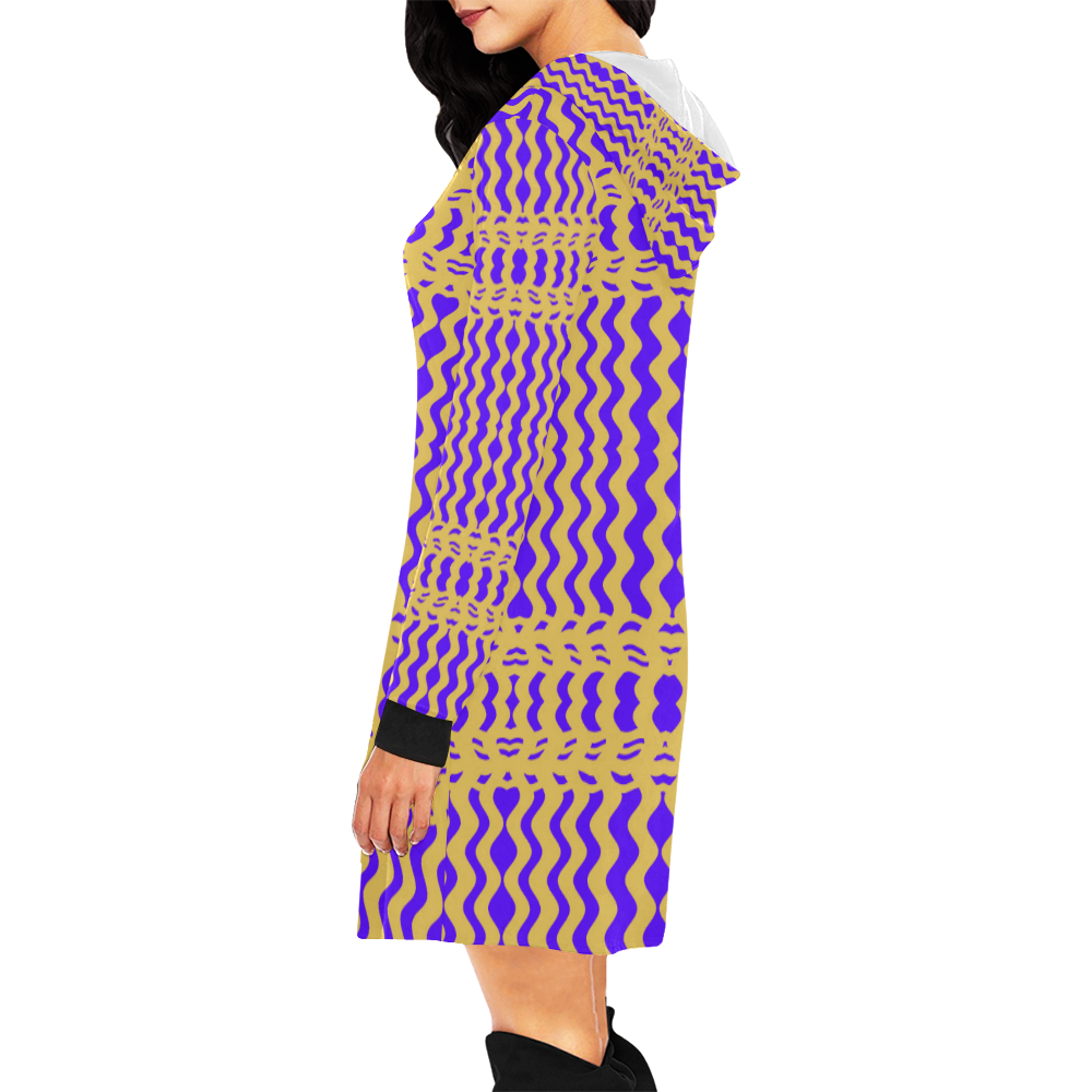 Purple Yellow Modern  Waves Lines All Over Print Hoodie Mini Dress (Model H27)