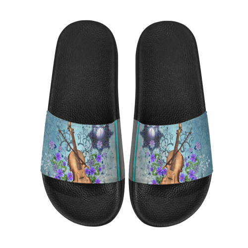 Violin with violin bow and flowers Women's Slide Sandals (Model 057)