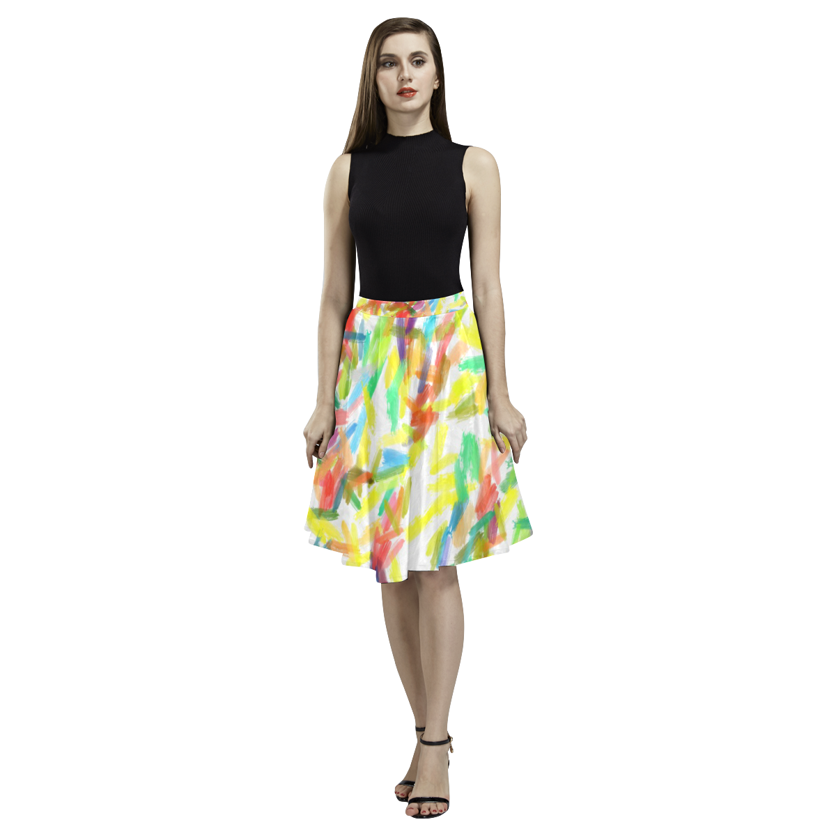 Colorful brush strokes Melete Pleated Midi Skirt (Model D15)