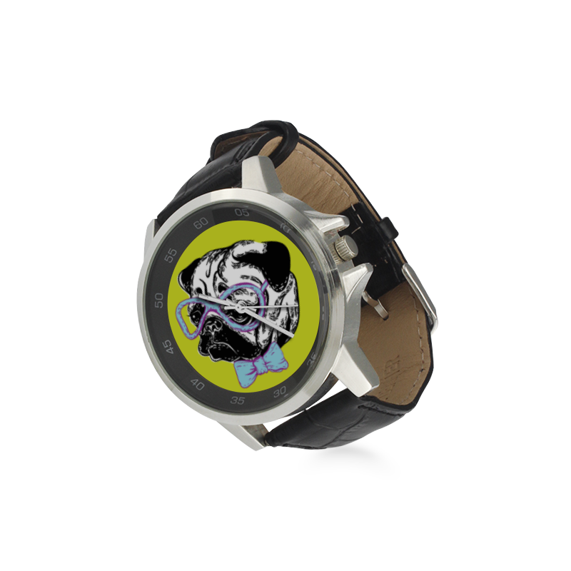 Eyeglass Pug Unisex Stainless Steel Leather Strap Watch(Model 202)