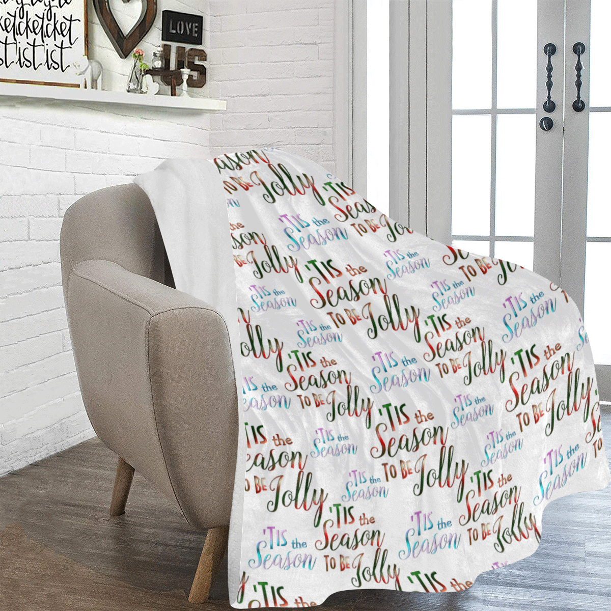 Christmas 'Tis The Season Pattern on White Ultra-Soft Micro Fleece Blanket 60"x80"