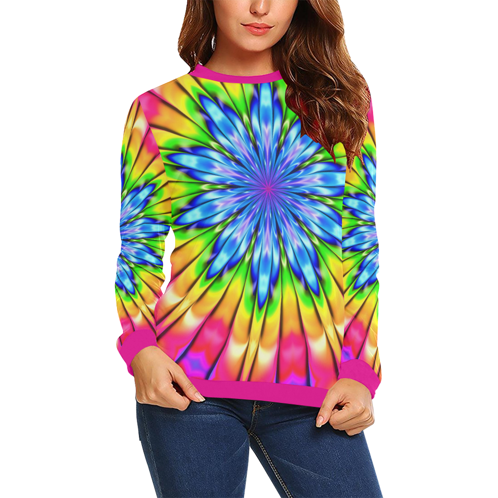 Spring Flowers Awakening Fractal Mandala Abstract All Over Print Crewneck Sweatshirt for Women (Model H18)