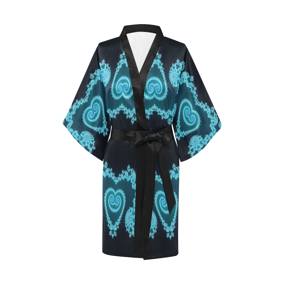 Sky Blue and Black Hearts Lace Fractal Abstract Kimono Robe