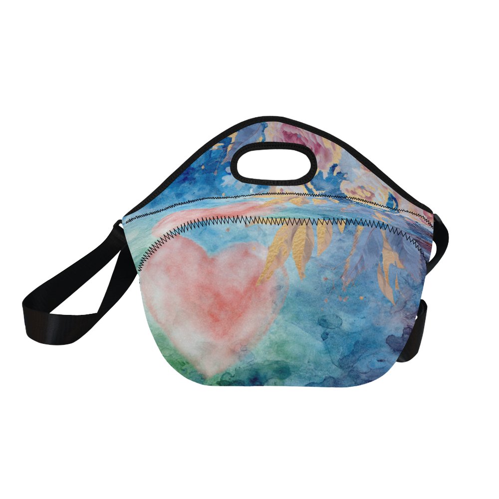 Heart and Flowers - Pink and Blue Neoprene Lunch Bag/Large (Model 1669)