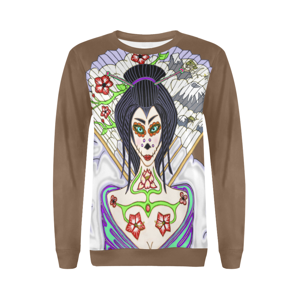 Geisha Sugar Skull Brown All Over Print Crewneck Sweatshirt for Women (Model H18)