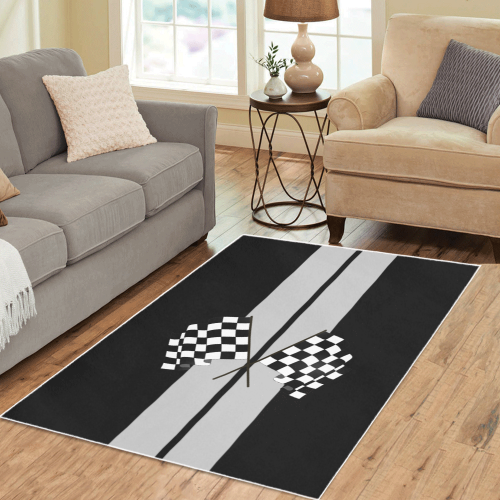 Checkered Flags, Race Car Stripe Black and Silver Area Rug 5'3''x4'