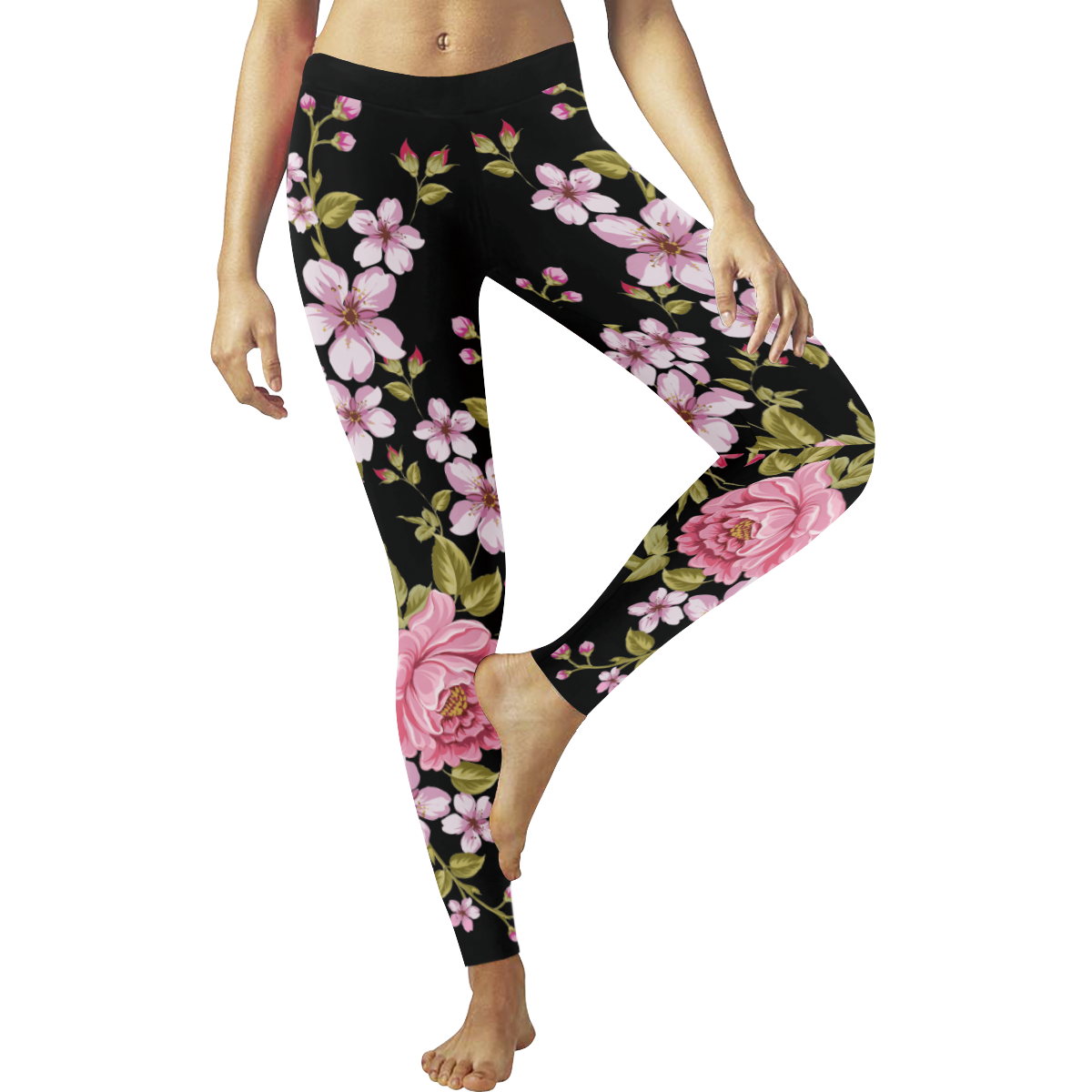 Pure Nature - Summer Of Pink Roses 1 Women's Low Rise Leggings (Invisible Stitch) (Model L05)