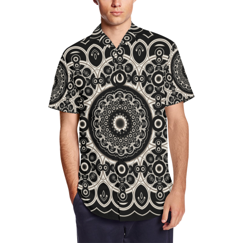 Black Lace Men's Short Sleeve Shirt with Lapel Collar (Model T54)