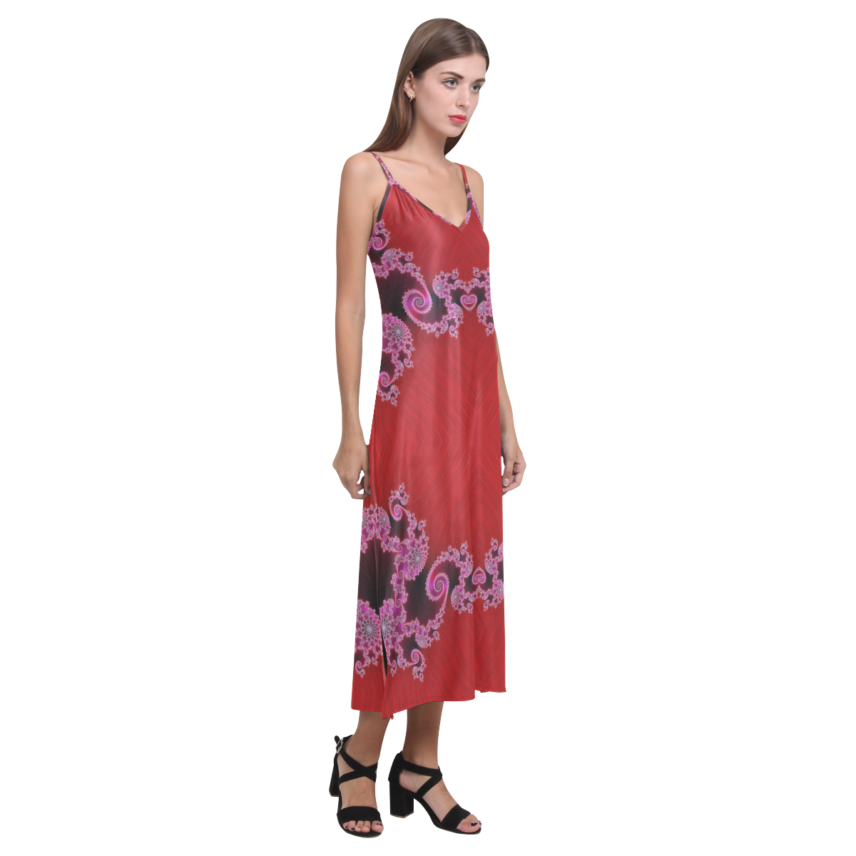 Red Pink Mauve Hearts and Lace Fractal Abstract 2 V-Neck Open Fork Long Dress(Model D18)