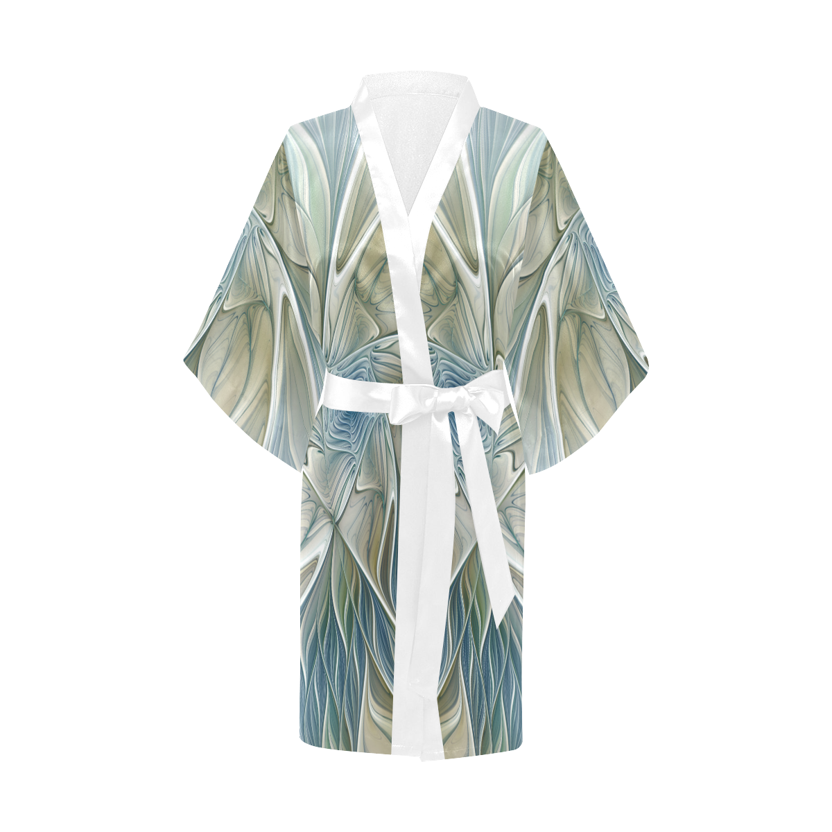 Floral Fantasy Pattern Abstract Blue Khaki Fractal Art Kimono Robe