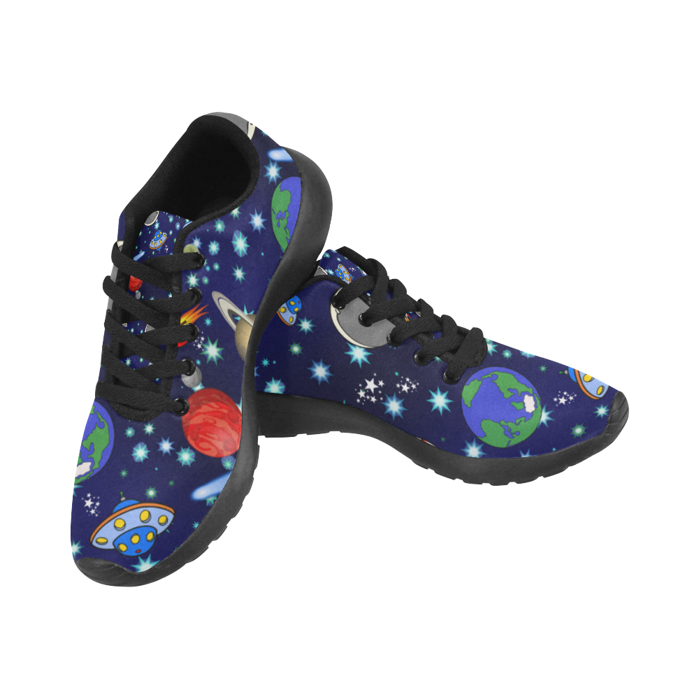 Galaxy Universe - Planets,Stars,Comets,Rockets (Black Laces) Kid's Running Shoes (Model 020)