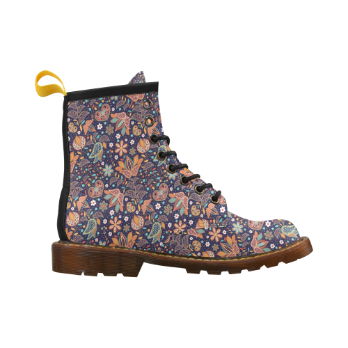 Floral Paisley Pattern - Navy High Grade PU Leather Martin Boots For Men Model 402H