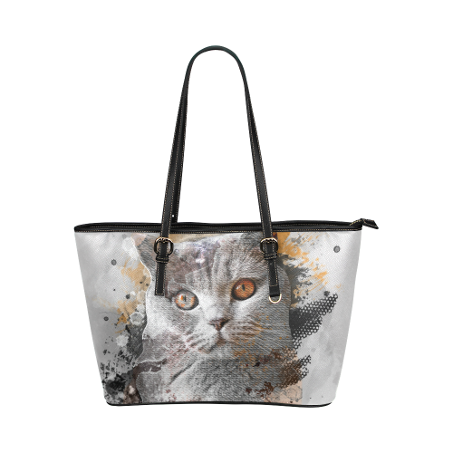 cat kitty art #cat #kitty Leather Tote Bag/Small (Model 1651)