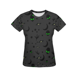 Alien Flying Saucers Stars Pattern on Charcoal All Over Print T-Shirt for Women (USA Size) (Model T40)