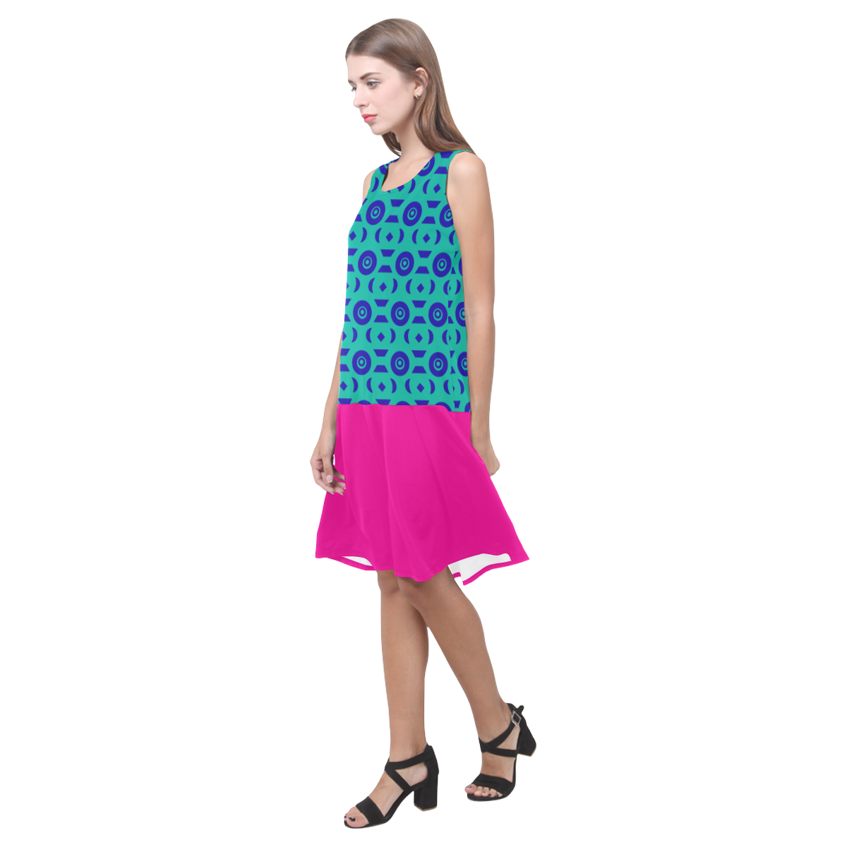 Blue Geometric Shapes in Turquoise Sleeveless Splicing Shift Dress(Model D17)