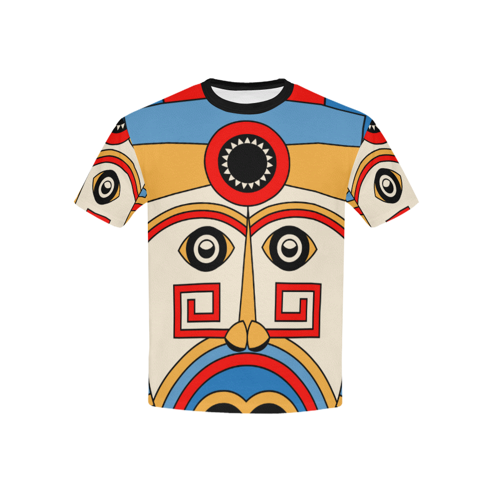 Aztec Religion Tribal Kids' All Over Print T-Shirt with Solid Color Neck (Model T40)