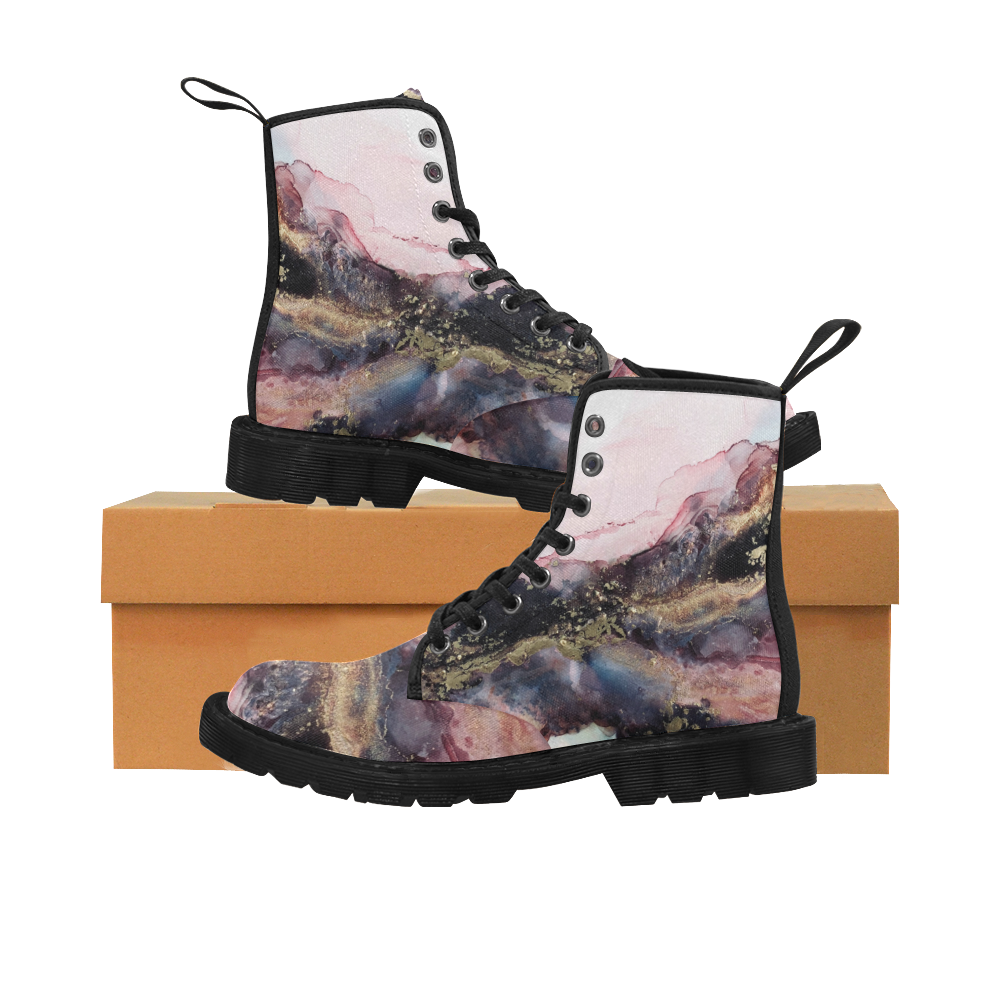 Pink Gray Marble Watercolor Escape Martin Boots for Women (Black) (Model 1203H)