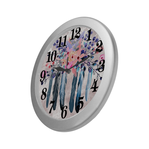 Pink floral dreamcatcher Silver Color Wall Clock