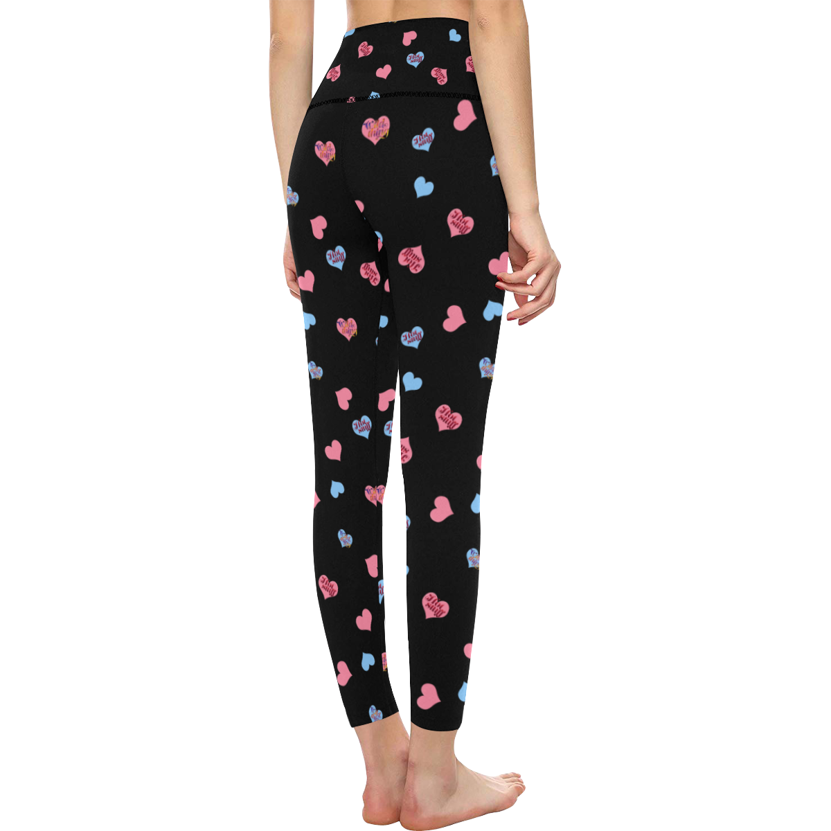 Pink-Blue Hearts-Wild Thing-Hot Stuff on Black Women's All Over Print High-Waisted Leggings (Model L36)