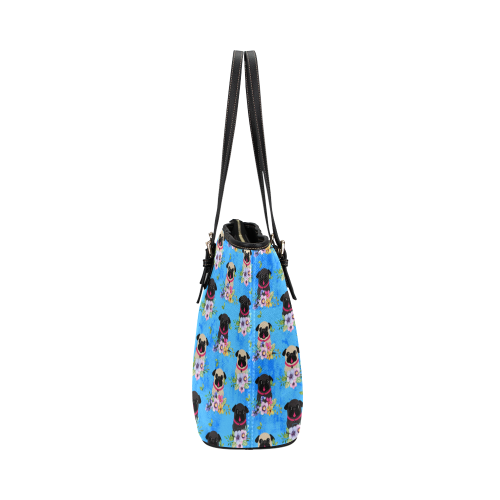 Pugs In Flowers Leather Tote Bag/Small (Model 1651)