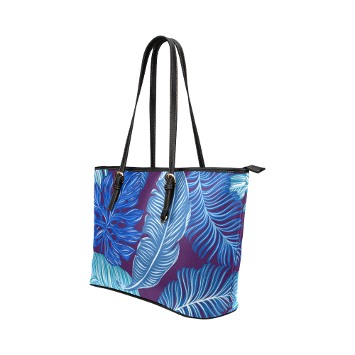 tropical blue leaves Leather Tote Bag/Large (Model 1651)