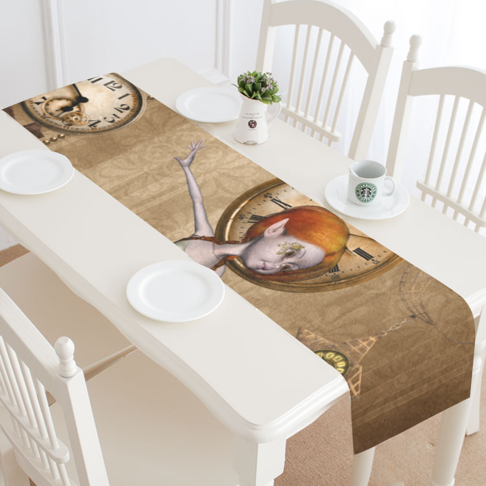 Steampunk girl, clocks and gears Table Runner 14x72 inch