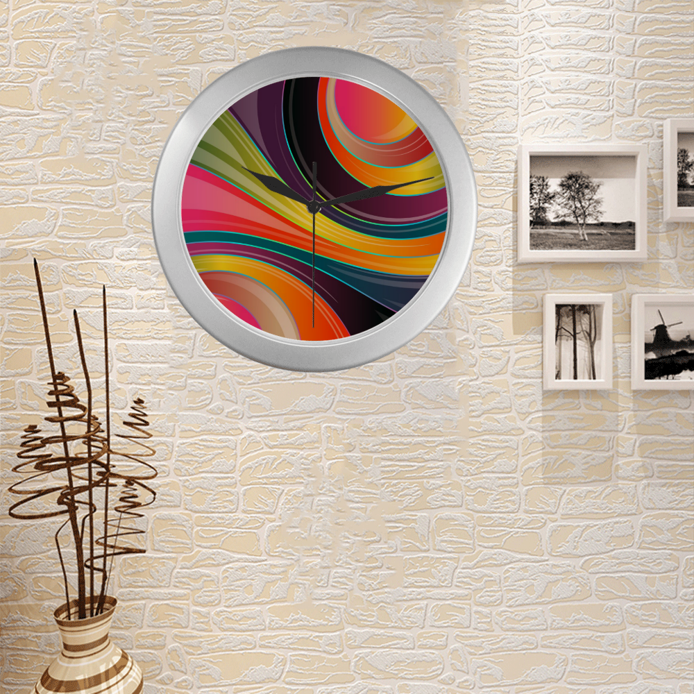 Silver Frame Wall Clock Colorful Abstract Modern Art Swirling Wave style Wall Accessory Silver Color Wall Clock