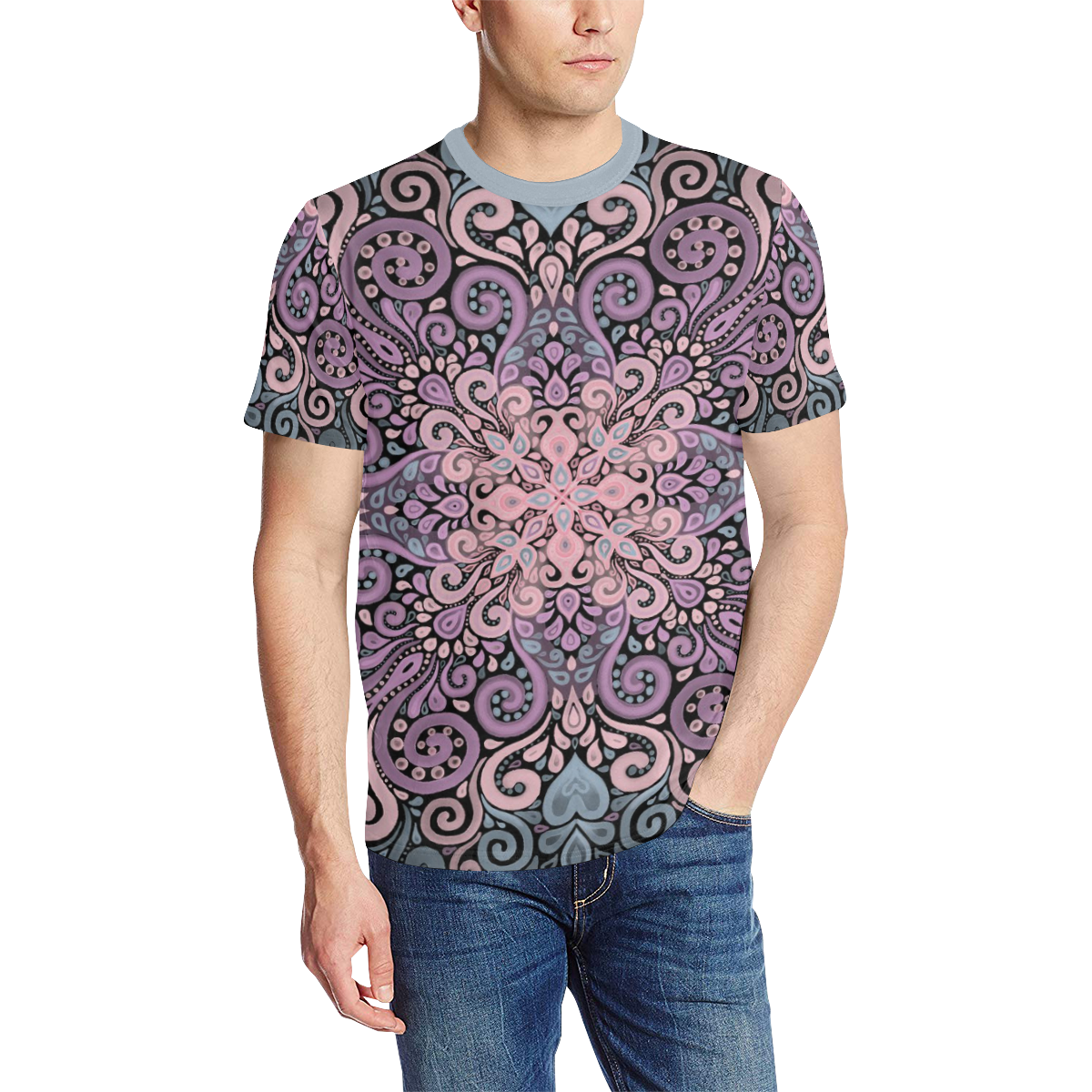 Pink, purple blue, Boho Ornate Watercolor Mandala Men's All Over Print T-Shirt (Solid Color Neck) (Model T63)