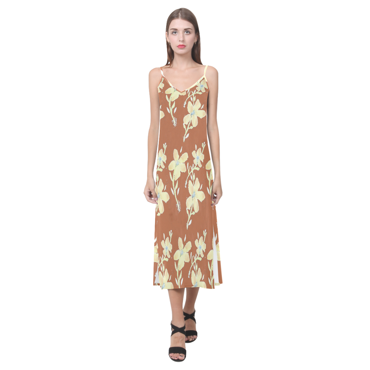 Hazel Colored V Neck Dress With Yellow Flowers V-Neck Open Fork Long Dress(Model D18)
