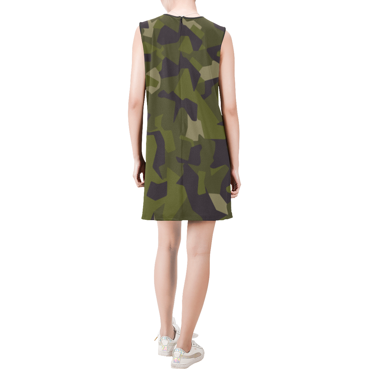 Swedish M90 woodland camouflage Sleeveless Round Neck Shift Dress (Model D51)