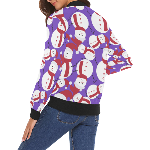 Snowman CHRISTMAS Pattern PURPLE All Over Print Bomber Jacket for Women (Model H19)