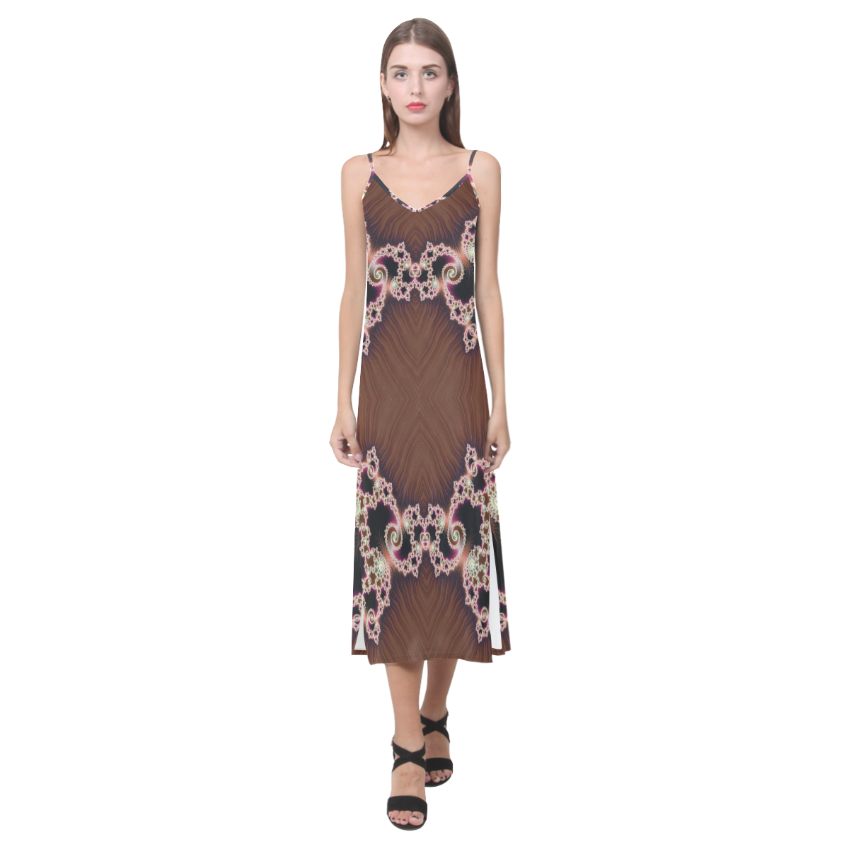 Copper and Pink Hearts Lace Fractal Abstract V-Neck Open Fork Long Dress(Model D18)