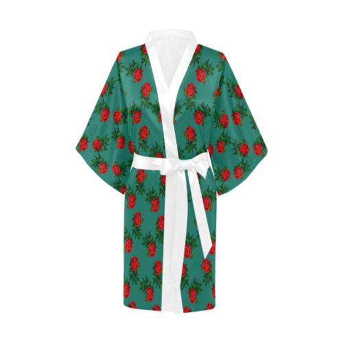 red roses teal green Kimono Robe