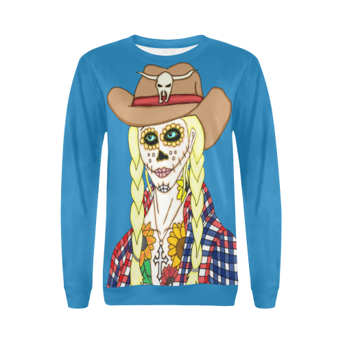 Cowgirl Sugar Skull Turquoise All Over Print Crewneck Sweatshirt for Women (Model H18)