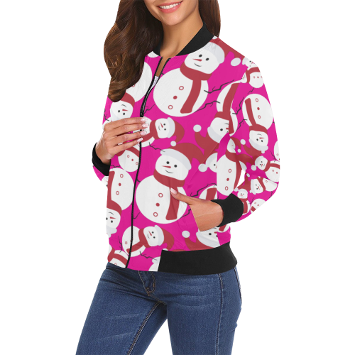 Snowman CHRISTMAS Pattern PINK HOPE All Over Print Bomber Jacket for Women (Model H19)