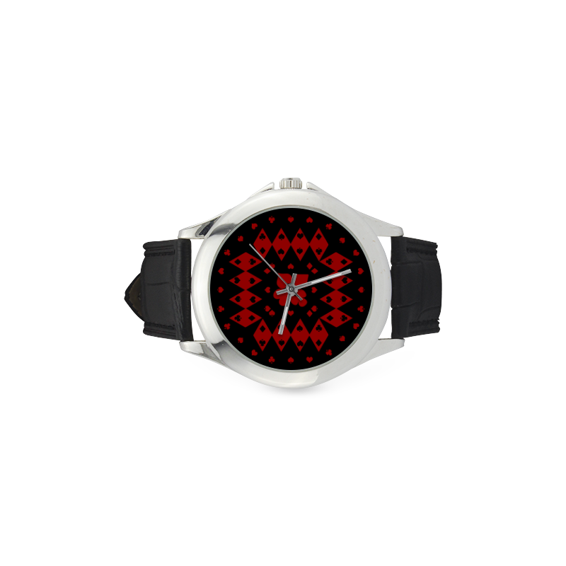 Black and Red Playing Card Shapes Round on Black Women's Classic Leather Strap Watch(Model 203)