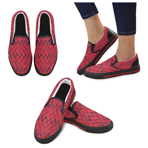 Red and Black Waves pattern design Slip-on Canvas Shoes for Men/Large Size (Model 019)