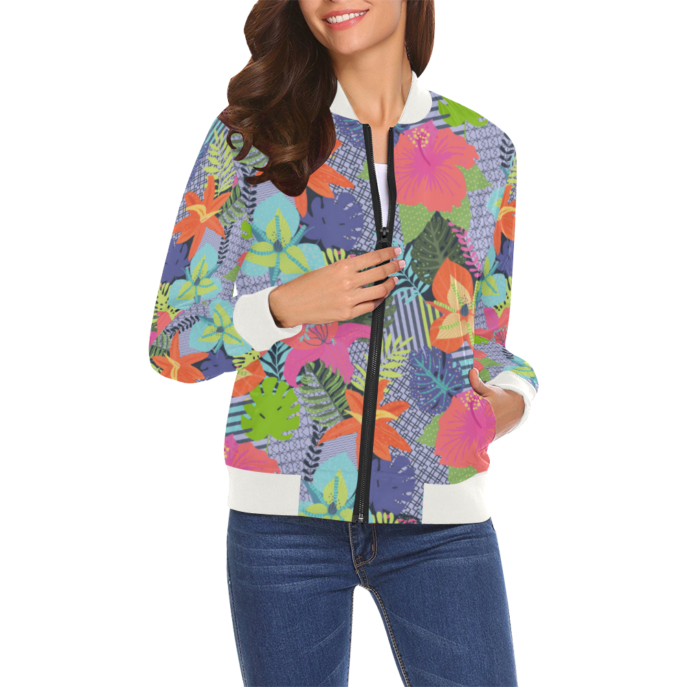 Geometric Shapes Tropical Flowers Pattern 1 All Over Print Bomber Jacket for Women (Model H19)