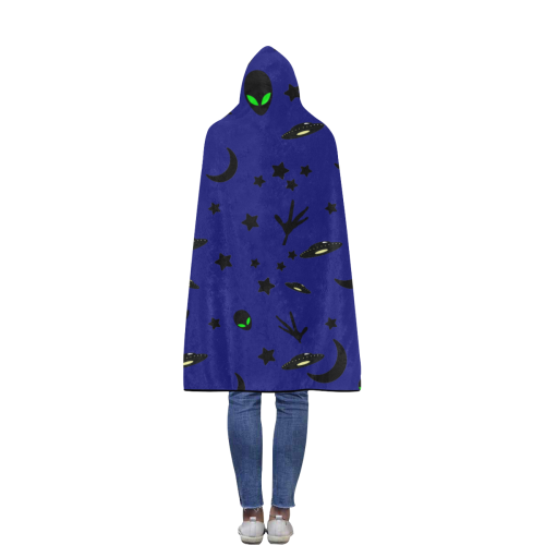 Alien Flying Saucers Stars Pattern on Blue Flannel Hooded Blanket 50''x60''
