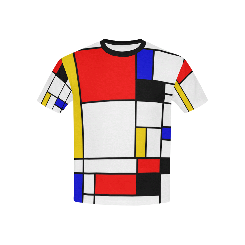 Bauhouse Composition Mondrian Style Kids' All Over Print T-Shirt with Solid Color Neck (Model T40)