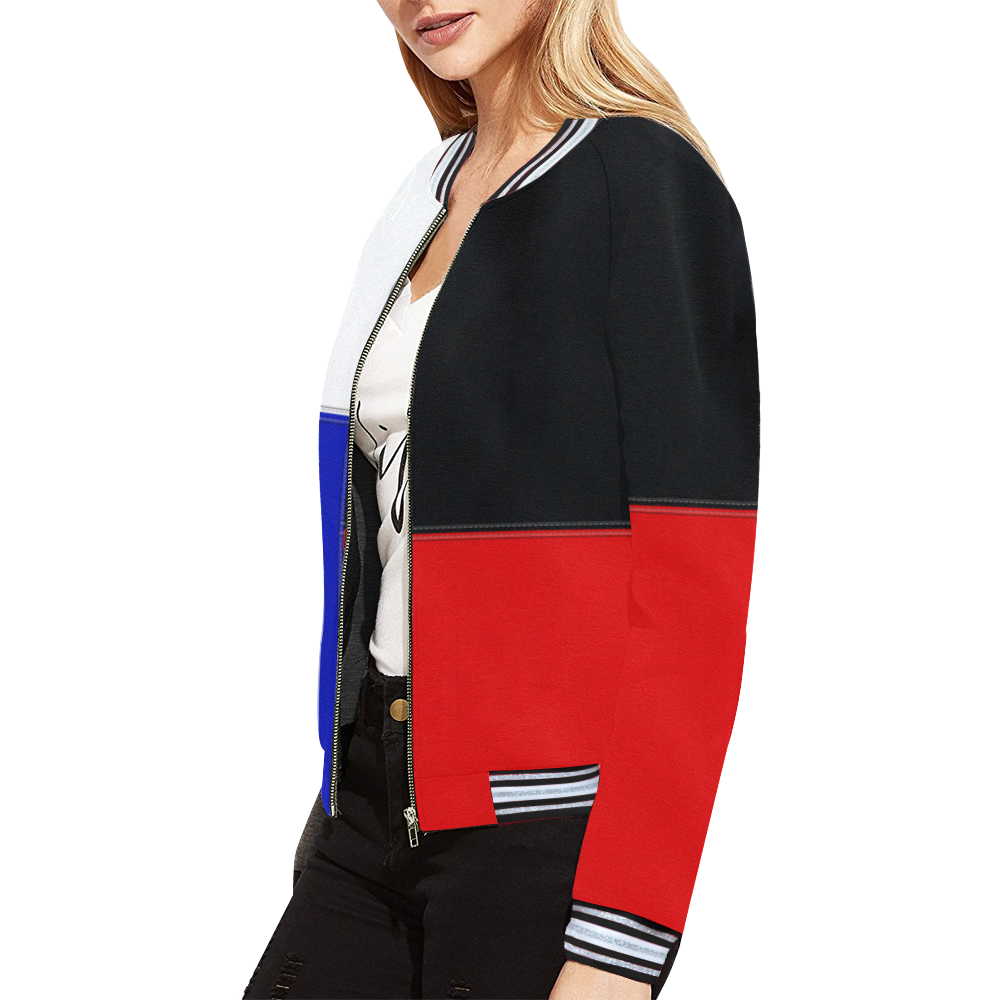 Red, Black and Blue Blocks All Over Print Bomber Jacket for Women (Model H21)