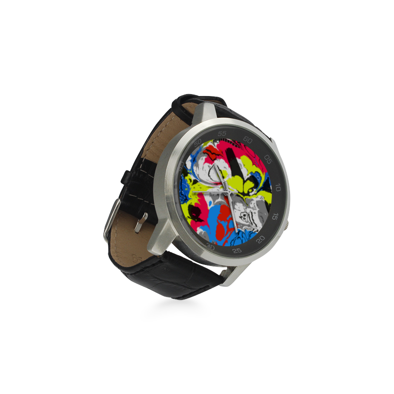 Colorful distorted shapes2 Unisex Stainless Steel Leather Strap Watch(Model 202)